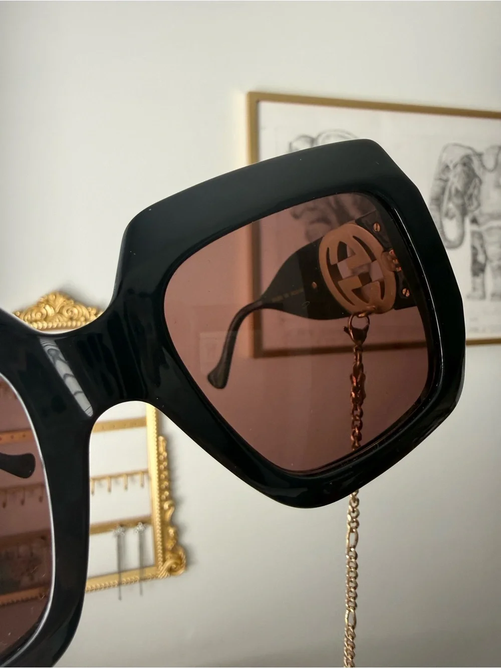 Gucci Black Square Sunglasses with Gold Chain and Brown Lenses